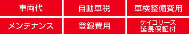 車両代／自動車税／車検整備費用／メンテナンス／登録費用／ケイコリース延長保証付